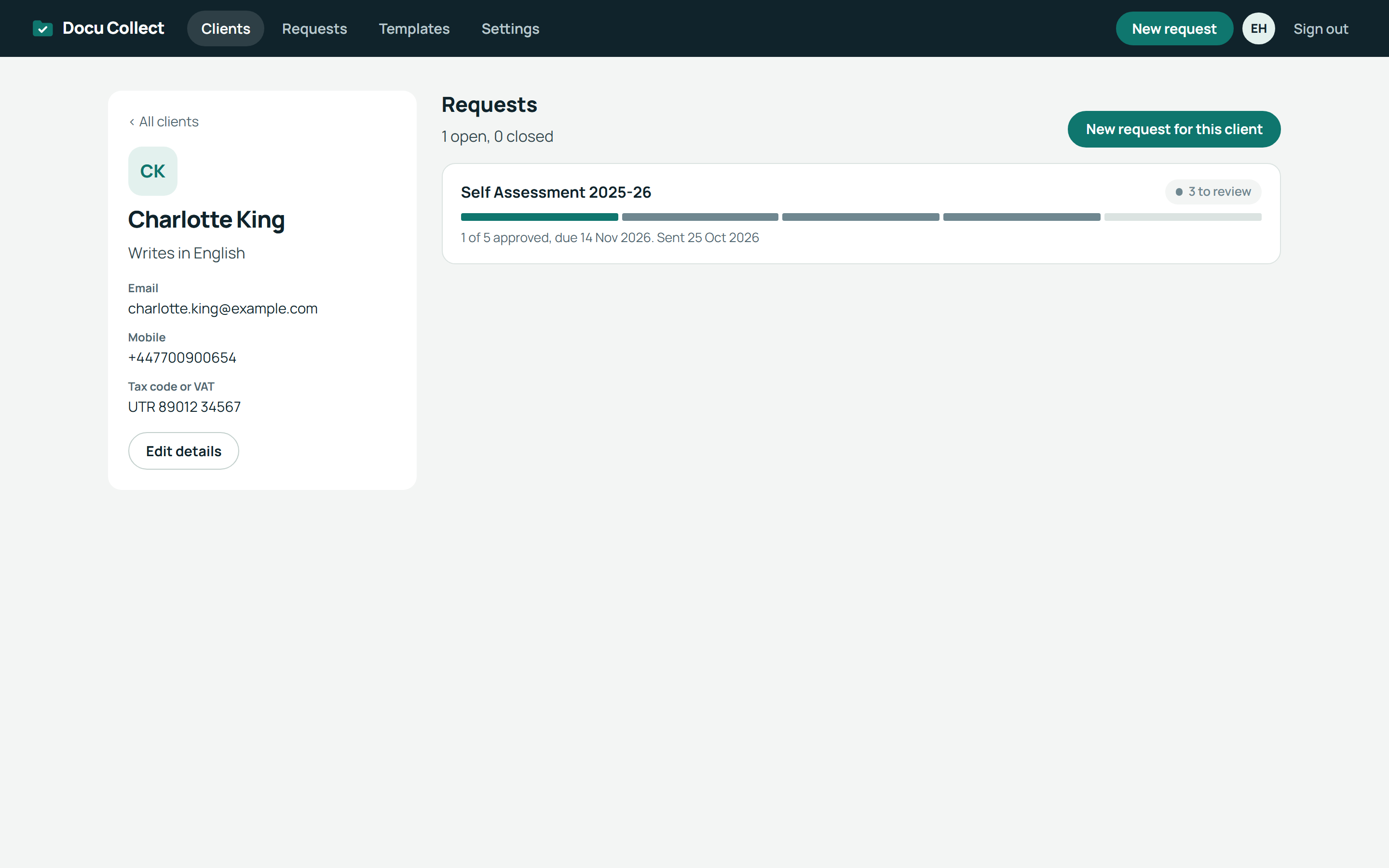 Client card: the client's details and the history of their requests