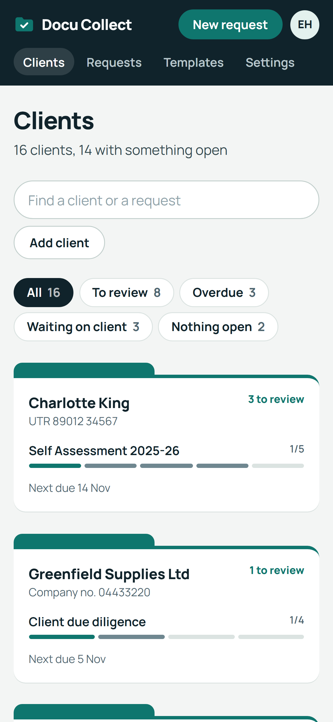 The firm's app on a phone: the client folders