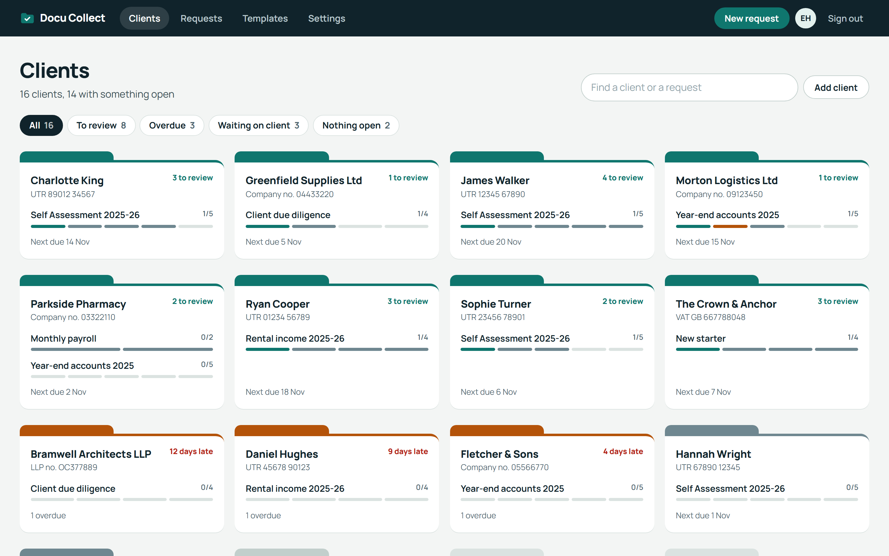 Docu Collect home page: one folder per client, with files to review, deadlines and filters