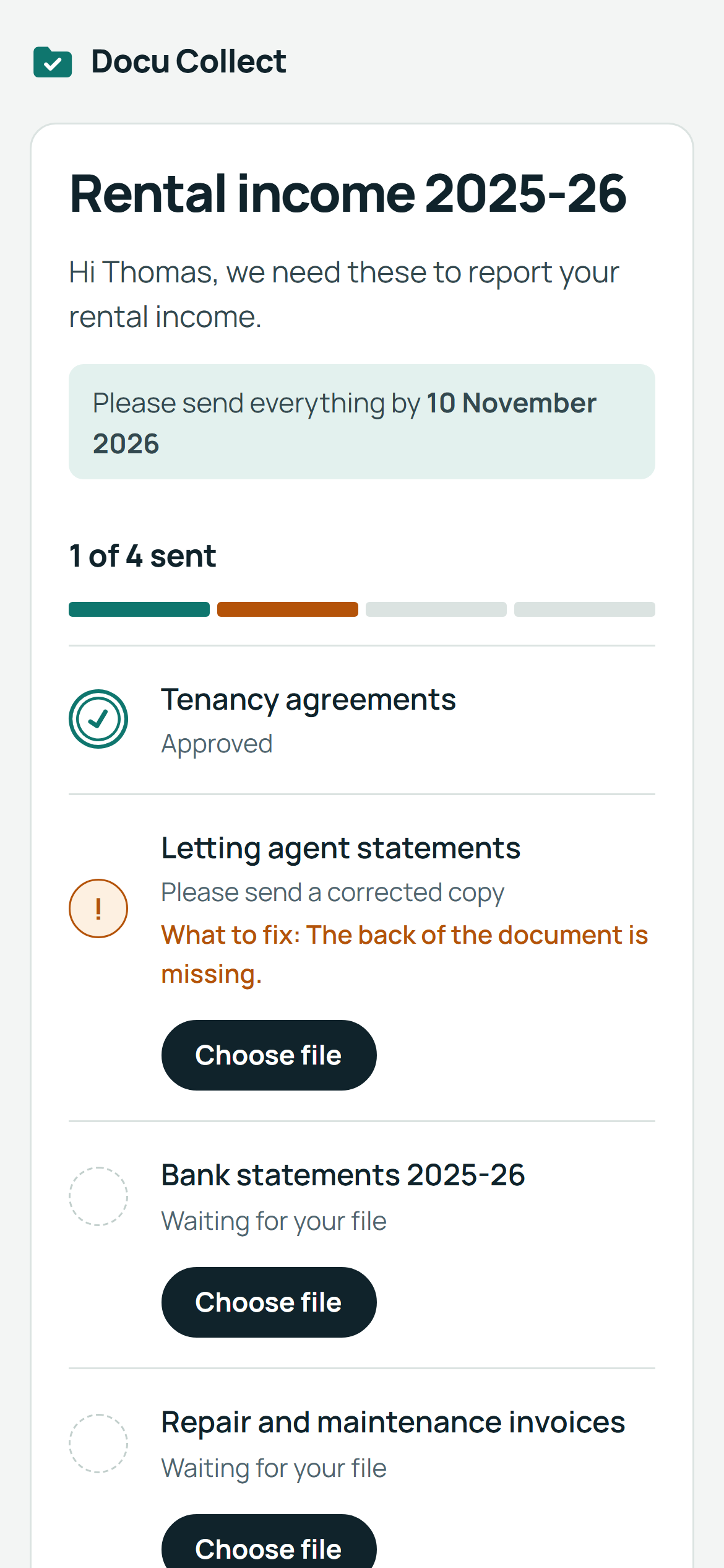 The client's page on a phone: the list of documents, the deadline and what to fix