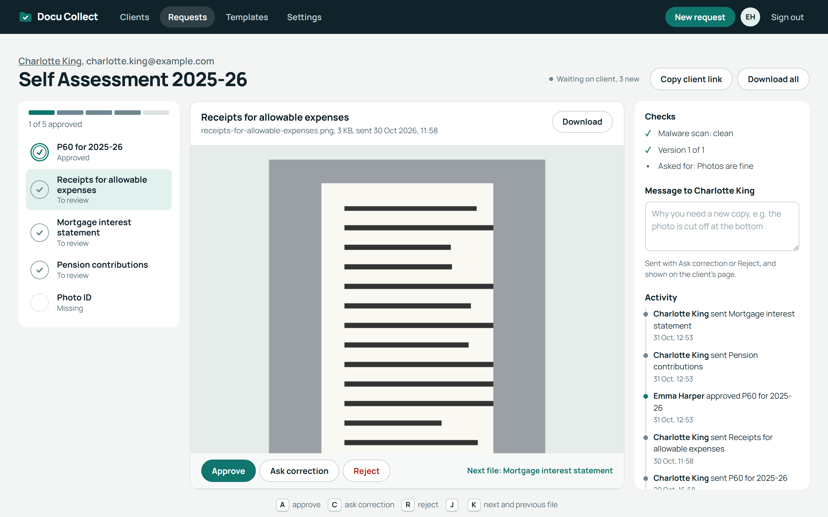 Review screen: documents on the left, the open file in the middle, checks, message to the client and activity on the right