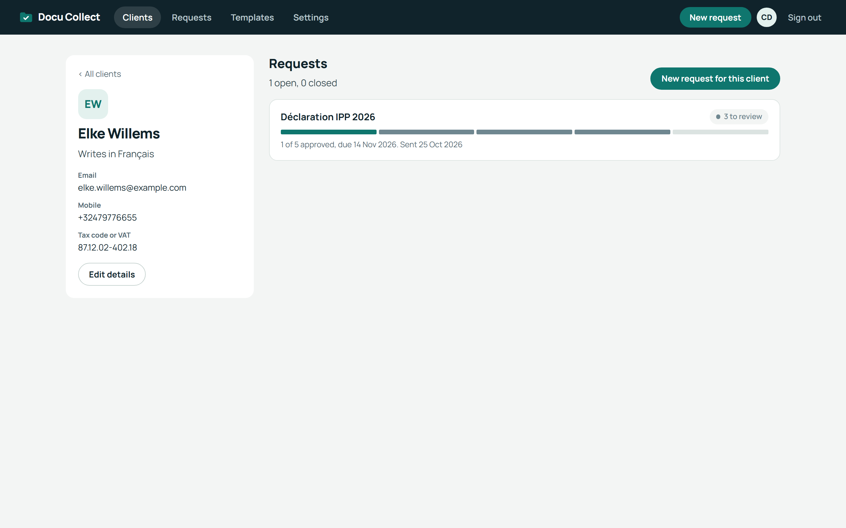 Fiche client : les données du client et l'historique de ses demandes