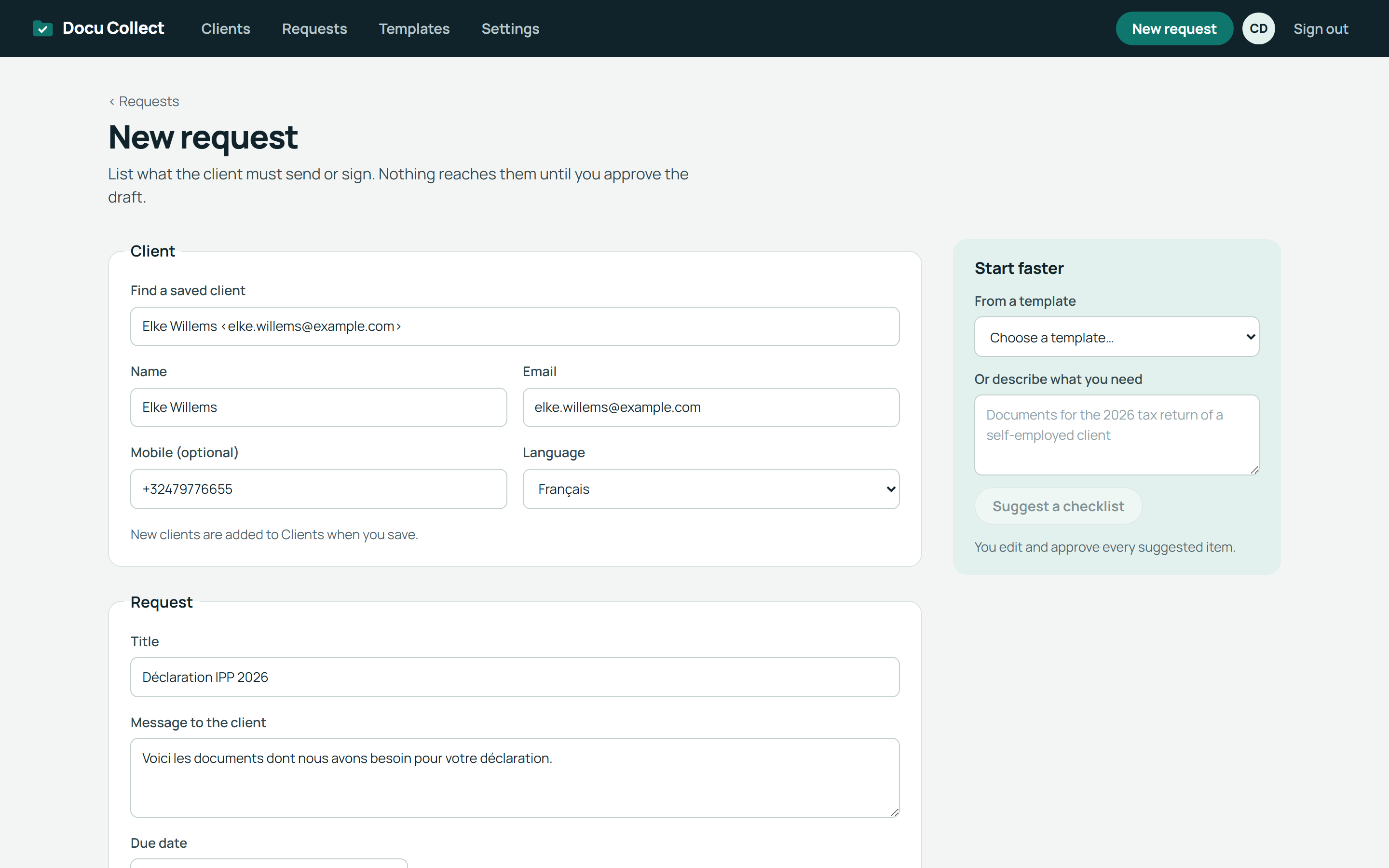 Formulaire de nouvelle demande avec le client enregistré et le modèle déjà remplis
