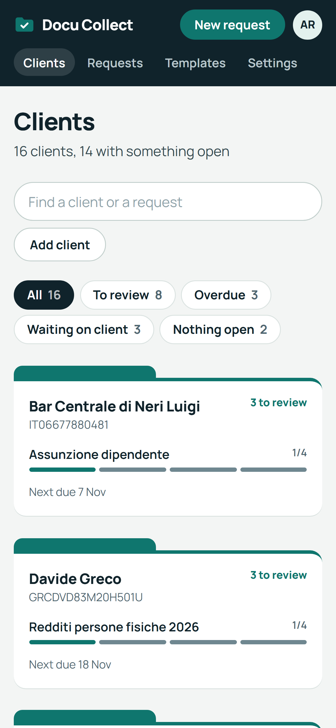 L'app dello studio sul telefono: le cartelle dei clienti